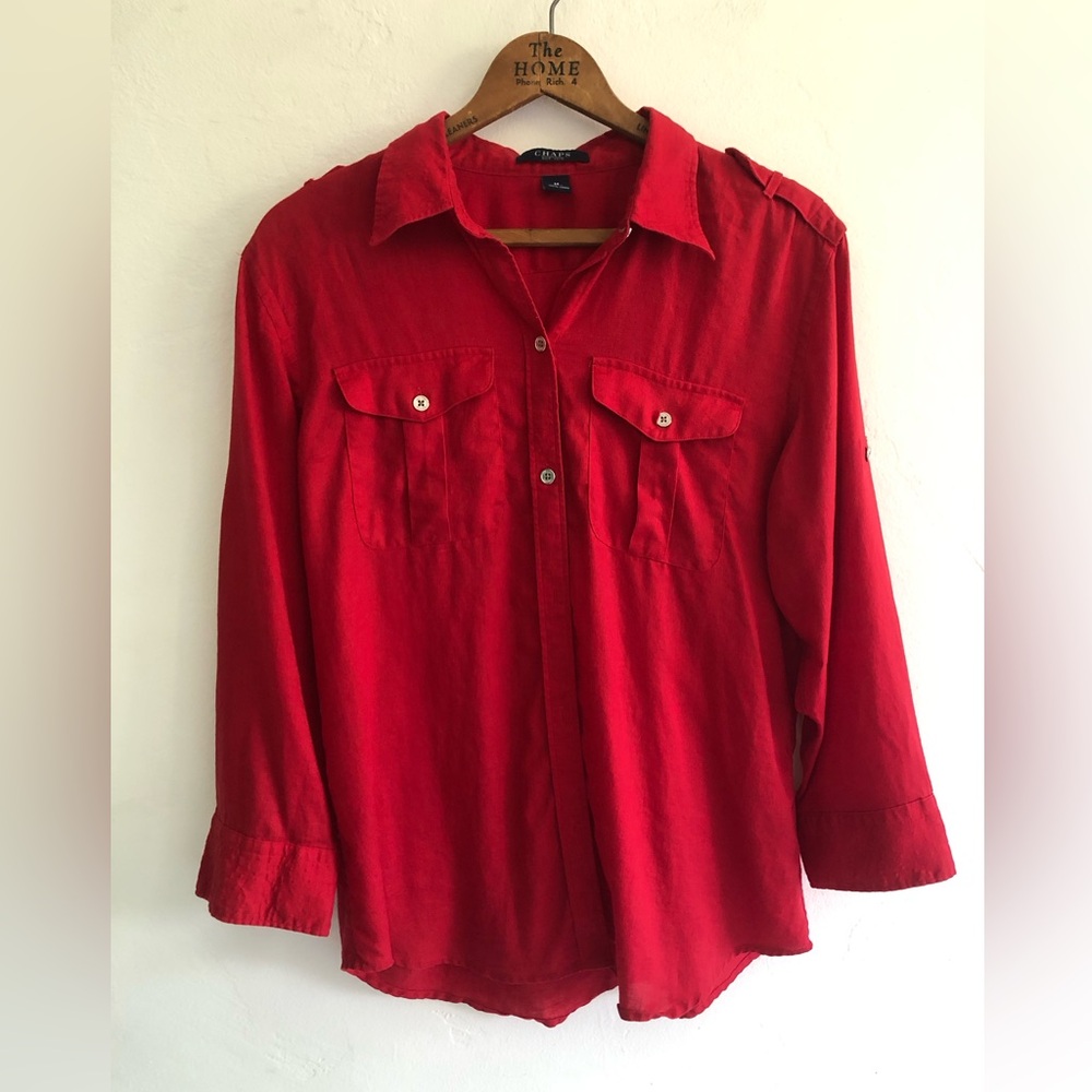 Chaps Womens Blouse Women's Size M Linen Top Button Down July 4 Beachy Resort